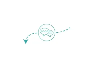 Prise_de_contact.webp Un cercle contenant deux bulles de discours est relié par une flèche en pointillés, évoquant la communication et l'échange d'idées
