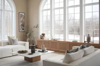 prix_triple_vitrage_ou_double.webp Un salon élégant et lumineux avec de grandes fenêtres cintrées, des fauteuils blancs, et une décoration contemporaine sur fond de paysage enneigé