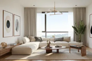 professionnelle_ventilation.webp Un salon moderne et lumineux avec des meubles en bois, un canapé beige, des coussins colorés et des plantes, offrant une vue panoramique par