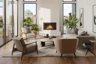 Salon_epure_fenetre.webp Un salon moderne et lumineux avec de grandes fenêtres, une cheminée et des plantes vertes.