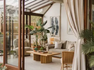 Un salon lumineux et moderne avec de grandes plantes, un mobilier en bois naturel et un canapé confortable, baigné de lumière grâce à une verrière.