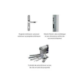 securite_porte_2.webp Image illustrant des composants de sécurité pour portes comprenant une poignée, une gâche filante renforcée et un cylindre de sécurité avec clés.