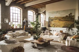 survitrage.webp Un salon lumineux au style bohème avec des murs en briques apparentes, des canapés beiges, des plantes vertes, et un