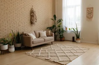 triple_vitrage_choix.webp Un salon lumineux au style minimaliste avec un canapé beige, un tapis à motifs géométriques et des plantes d'intérieur, offrant une ambiance chaleureuse
