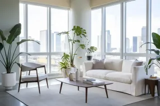 triple_vitrage_economie.webp Salon moderne et lumineux avec de grandes fenêtres, des plantes vertes et un mobilier minimaliste.