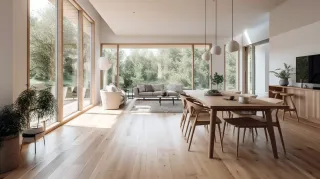 TRYBA_SUISSE_portes_fenetres.webp Un intérieur moderne et lumineux avec de grandes fenêtres offrant une vue sur la nature environnante, et un mobilier en bois clair qui crée une ambiance chaleureuse