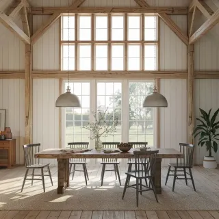 valoriser_bien_immobilier_fenetre.webp Salle à manger lumineuse de style rustique avec de grandes fenêtres, une table en bois massif et des chaises en bois, décorée avec des
