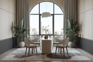 ventilation_acoustique_pour_qui.webp Salle à manger moderne et élégante avec une grande fenêtre cintrée offrant une vue sur la ville, entourée de plantes vertes et décorée