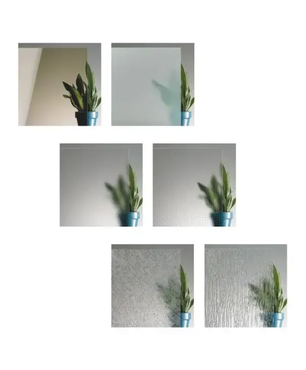 L'image présente six types de verre translucide, chacun derrière un même pot de plante pour démontrer différents niveaux de transparence et de texture.
