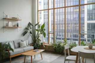 vitrage_isolation_phonique_ville.webp Un salon lumineux avec une grande fenêtre, des plantes vertes, un canapé gris et un mobilier moderne en bois clair.